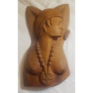 VTG. 15.5" Haitian Artist E SIMEON Signed Hand Carved Wood Figure Folk Wall Art
